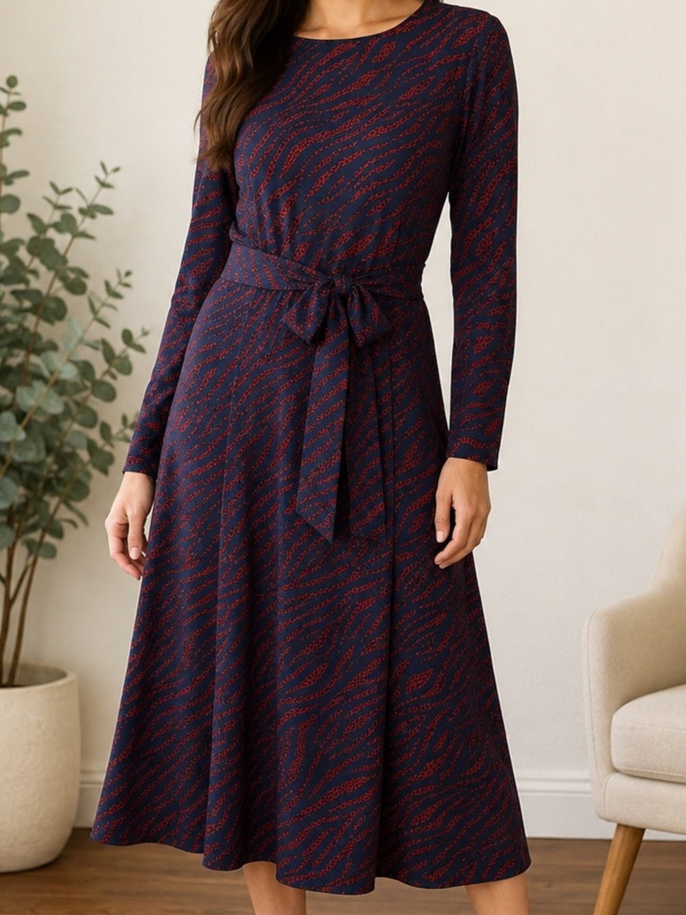Boden Navy Red Print Tie Waist Midi Dress US 4R